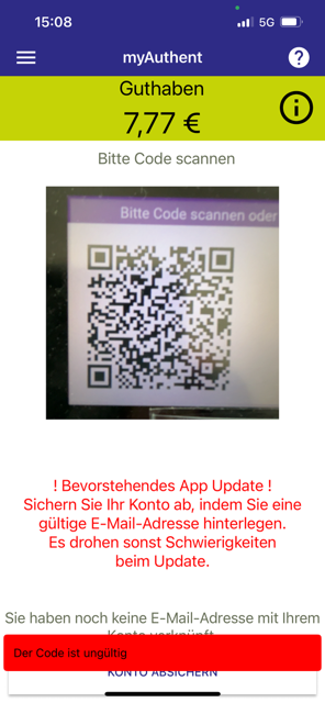 "Code ungültig" Fehlermeldung alte App scannt neuen QR-Code Screenshot alte App - Fehlermeldung "Code ungültig" alte App scannt neuen QR-Code