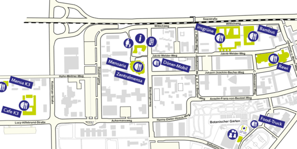 Campus Map where is indicated where which Mensa on Campus in Mainz can be found