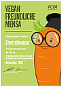 Urkunde von Peta als Auszeichnung der Zentralmensa. Der Text lautet: VEGANFREUNDLICHE MENSA 2018 PETA Deutschland e.V. verleiht der Zentralmensa des Studierendenwerks Mainz 3 Sterne für ihr Engagement rund um die vegane Ernährung in der Hochschulgastronomie. November 2018 Harald Ullmann, zweiter Vorsitzender
