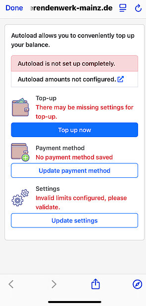 Screenshot from the app Register your bank account, set top up amount, top up manually