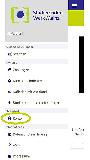 Screenshot Paying app - choose "Konto" /account