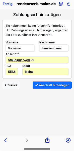 Screenshot der ersten Seite in der App - Bankdaten für SEPA hinterlegen, Schritt 3: Bankdaten eintragen
