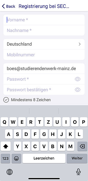 Screenshot von dem ausführlichen Registrierungsscreen Teil 1 Screenshot von dem ausführlichen Registrierungsscreen Teil 1