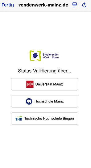 Screenshot Studi-Status validieren - Auswahl deiner Hochschule