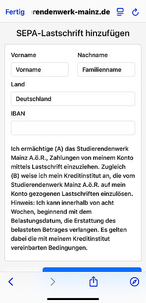Screenshot der Seite in der App auf der die Bankdaten eingetragen werdenn - Zahlungsart hinterlegen SEPA