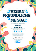 Urkunde der Auszeichnung von Peta als VEGANFREUNDLICHE MENSA 2024 PETA Deutschland e.V. verleiht der Mensa Bambus die vegan-vegetarische Mensa des Studierendenwerks Mainz 5 Sterne für ihr Engagement rund um die vegane Ernährung in der Hochschulgastronomie. Harald Ullmann, zweiter Vorsitzender