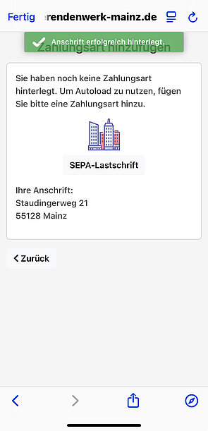 Screenshot der zweiten Seite in der App - Bankdaten für SEPA hinterlegen, Schritt 2 Adresse bestätigt