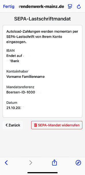 Screenshot der Bestätigungsseite - Deine Bankdaten für SEPA sind hinterlegt
